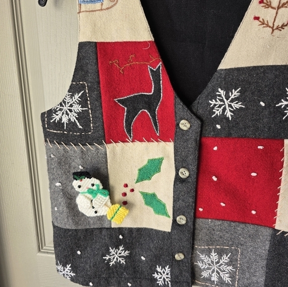 VTG Carolina Colours 90s Wool Vest S Patchwork Embroidered Snowman Boho Artsy - Picture 4 of 12
